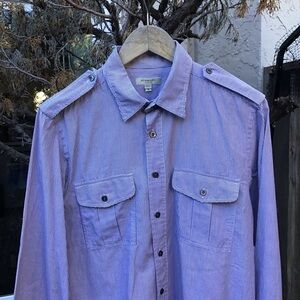 Burberry London Purple Stripe Button Up Shirt Epaulette Military Style Medium